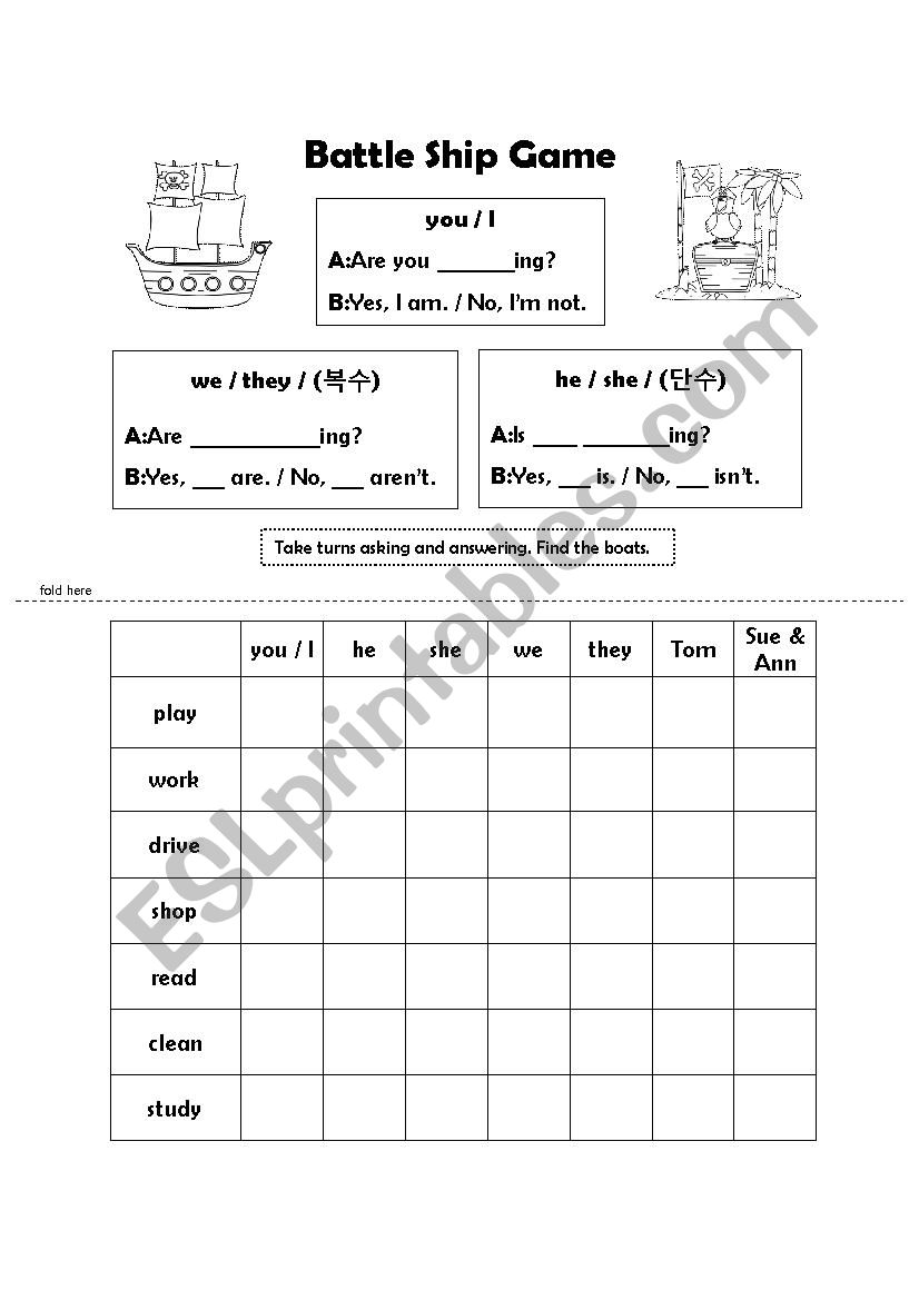 Battle Ship Game ~ing verbs - ESL worksheet by Jennings Teacher