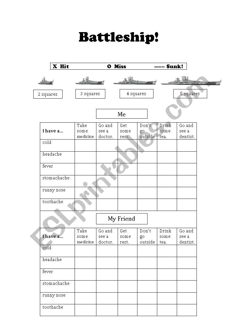 Sickness Battleship - ESL worksheet by mgmizzou