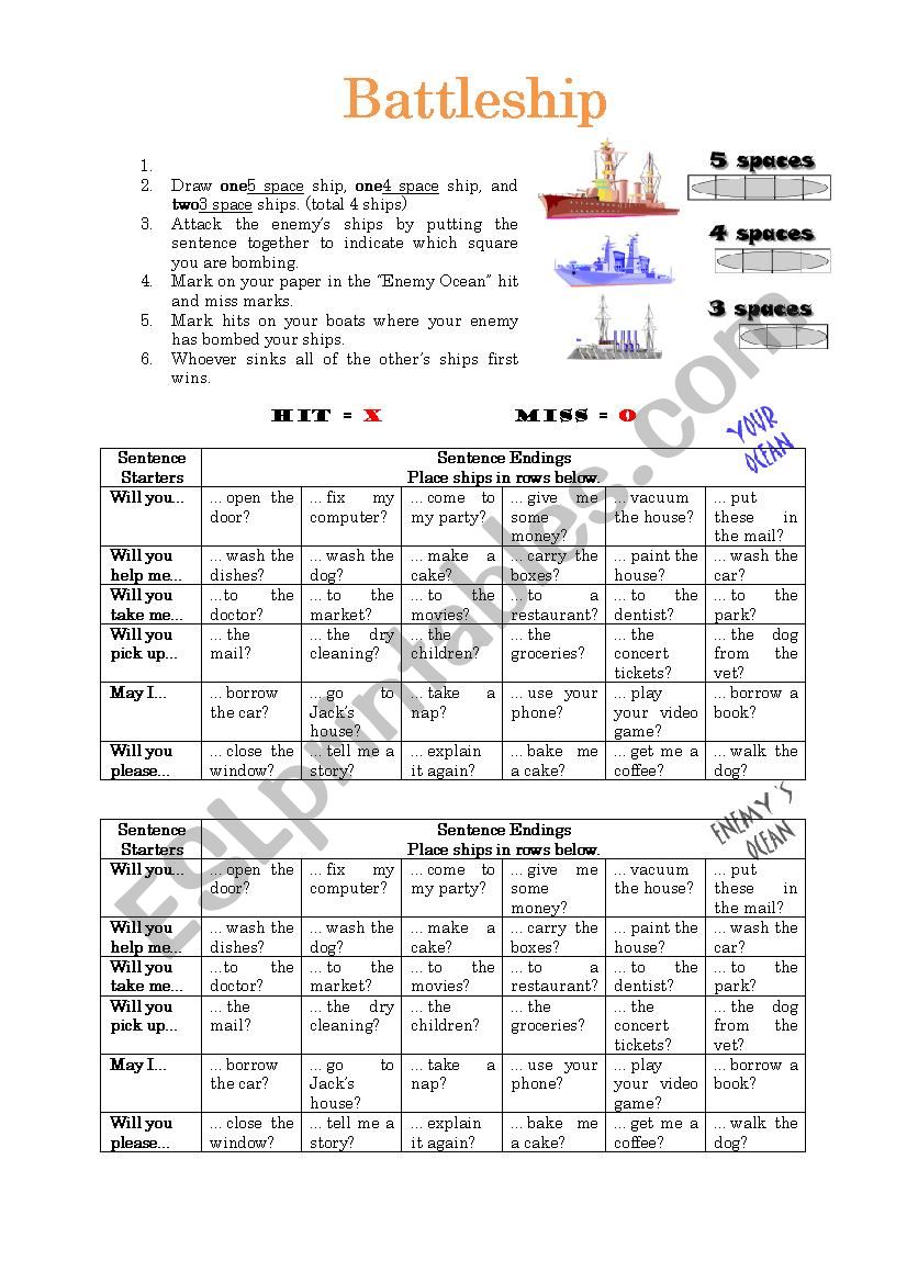 Asking Favors Battleship - ESL worksheet by JHanson6295