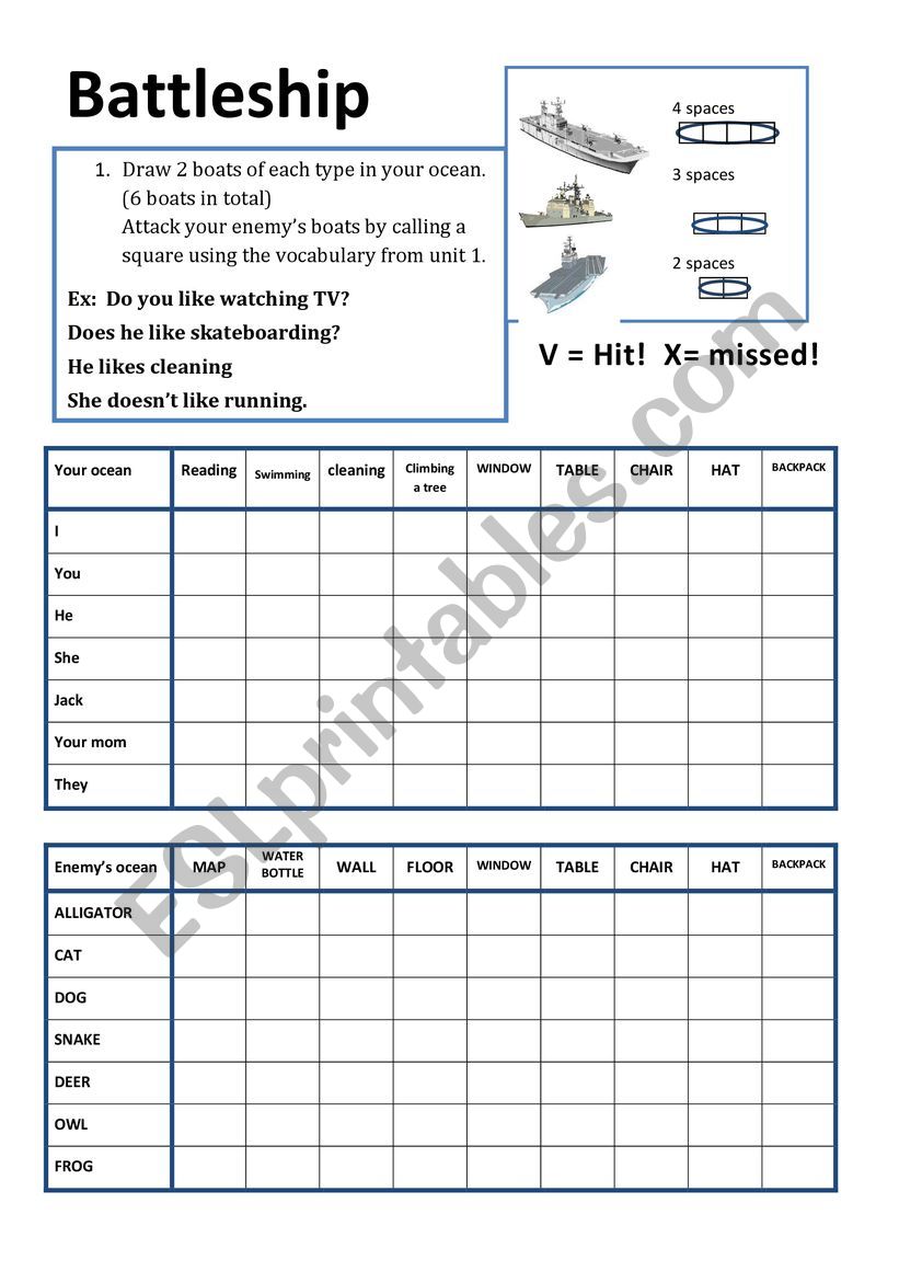 Battleship preposition of place - ESL worksheet by Samararp