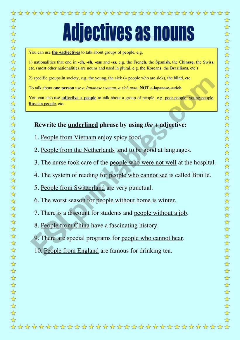 Adjectives as nouns - ESL worksheet by Tati1321