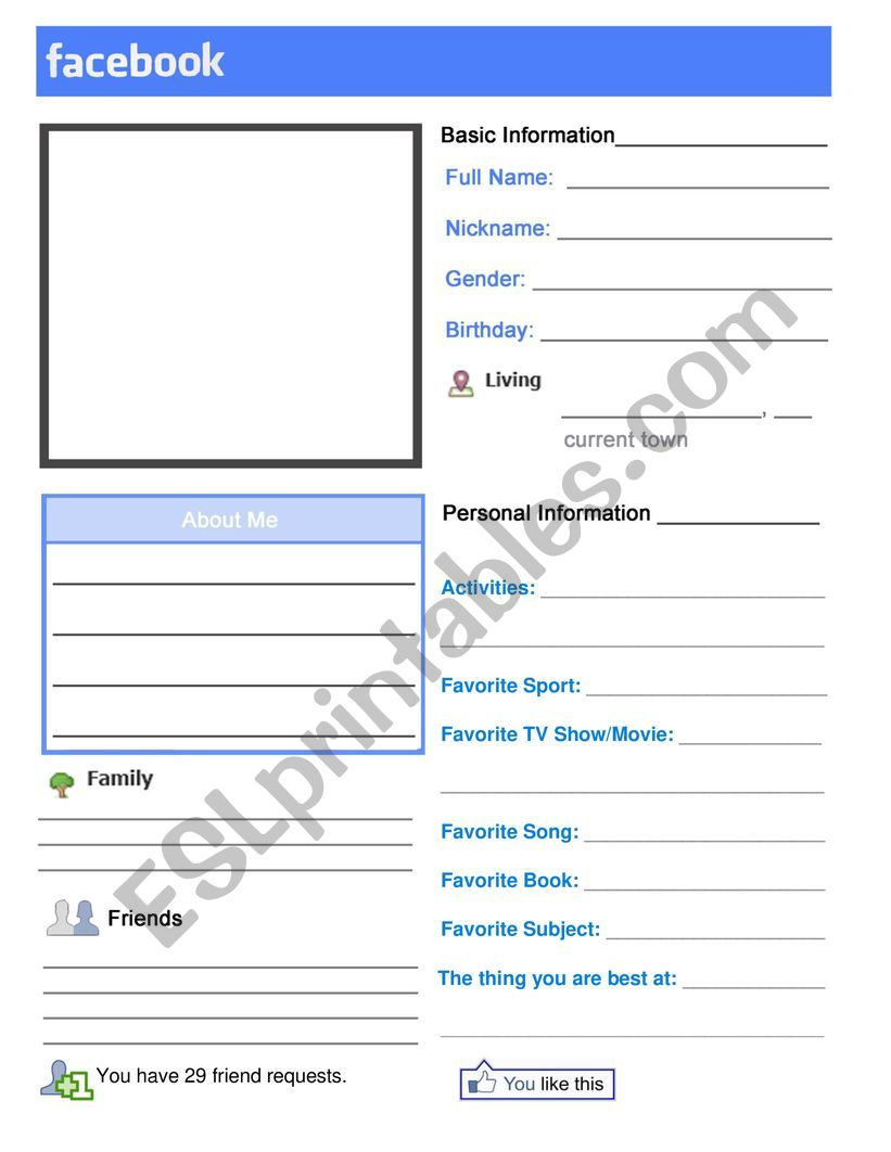 Facebook Profile worksheet