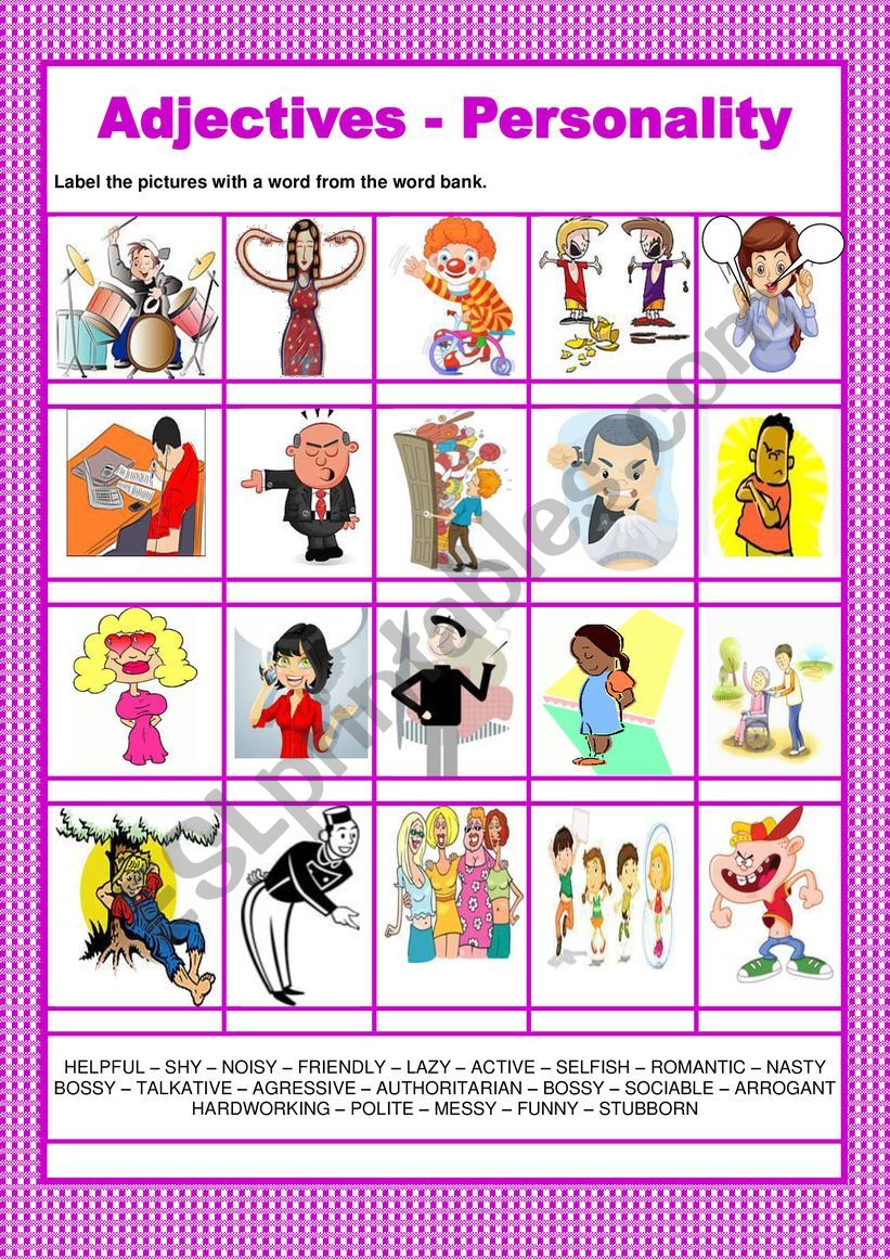 Personality Adjectives List 1 Worksheet Free Esl