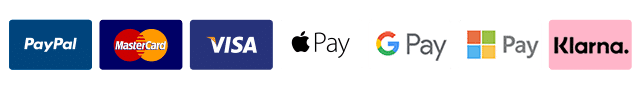 Mastercard, visa, klarna, american express, paypal, apple pay, google pay, microsoft pay accepted