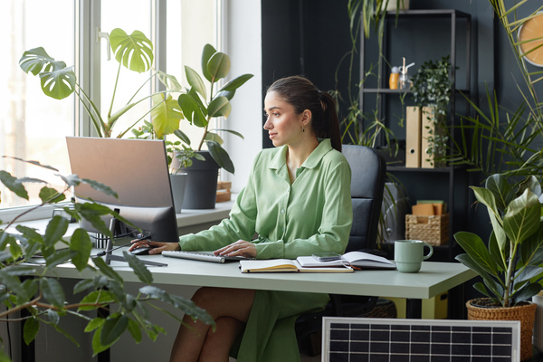 A Woman in a Green Dress Sitting at a Desk with a Computer