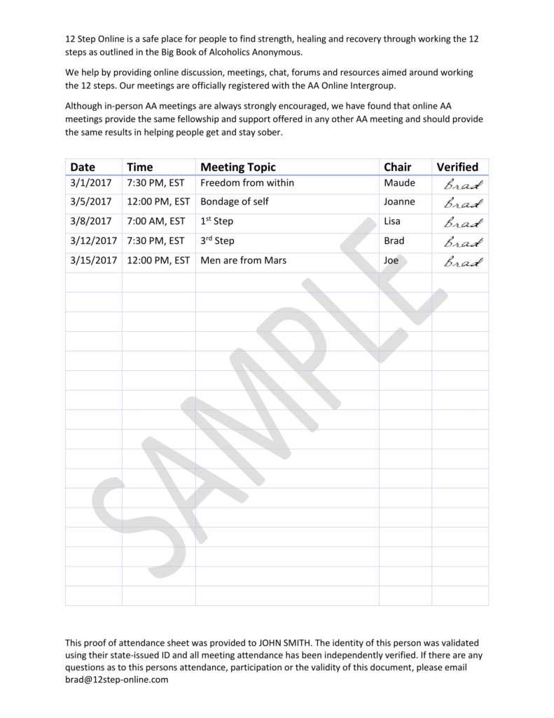 Fake Aa Signature Sheet Line Aa Meeting Proof Of attendance 12 Step Line