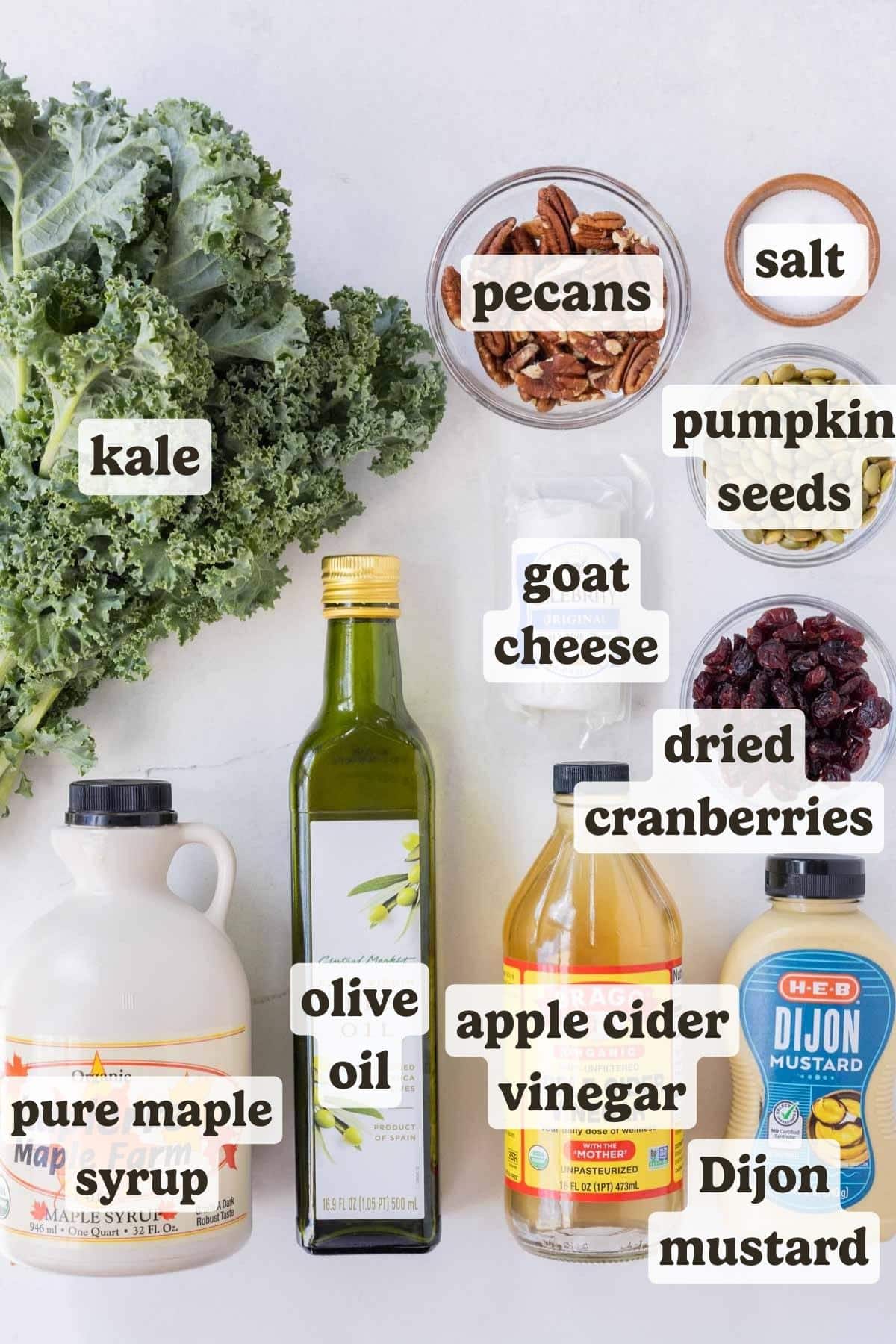 The ingredients needed for a kale salad with cranberries are on a table.