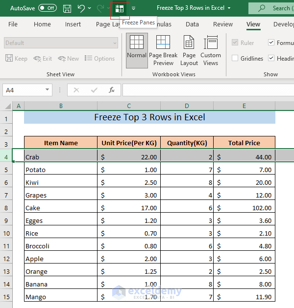 freeze top 3 rows in Excel