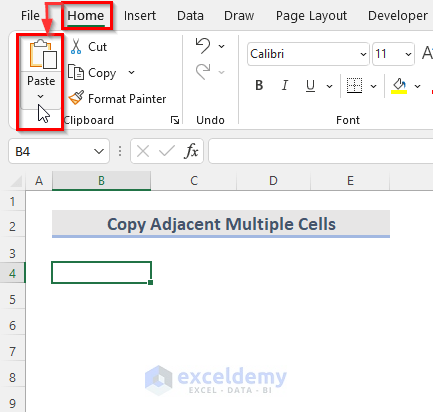 Using Ribbon to Copy Multiple Cells in Excel