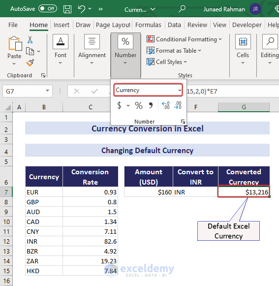 Default Excel Currency