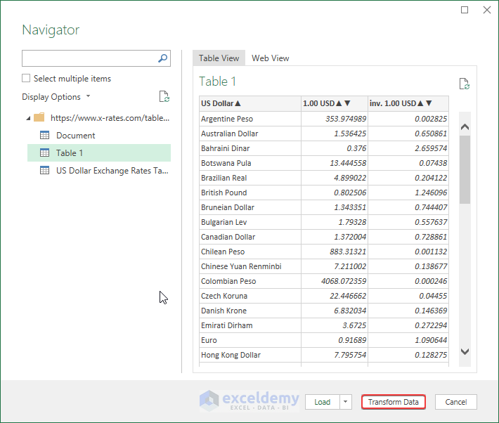 Transform Data from Navigator Window