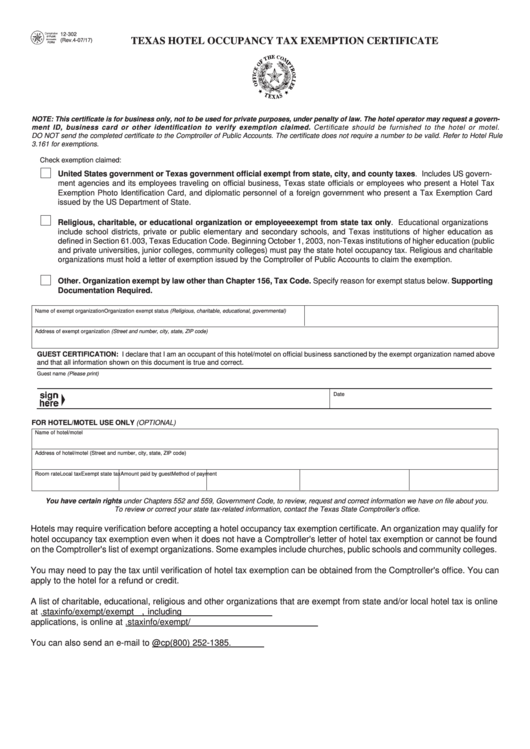 Fillable Texas Hotel Occupancy Tax Exemption Certificate Printable Pdf 