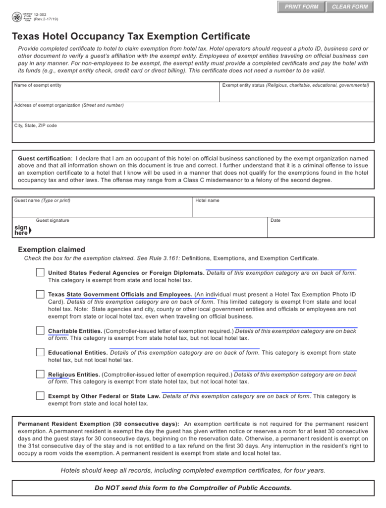 Form 12 302 Download Fillable PDF Or Fill Online Hotel Occupancy Tax 