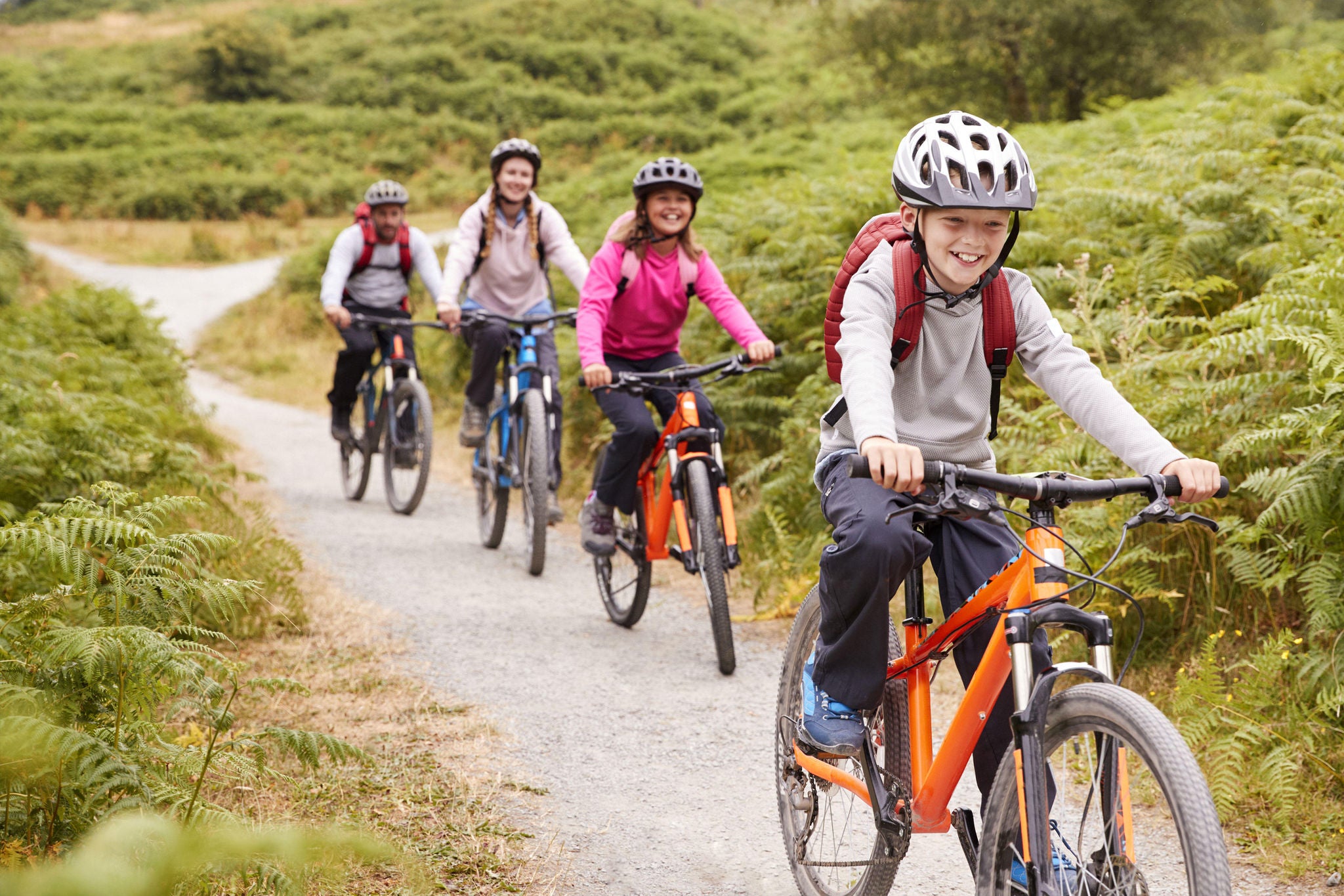 Family of four riding bicycles