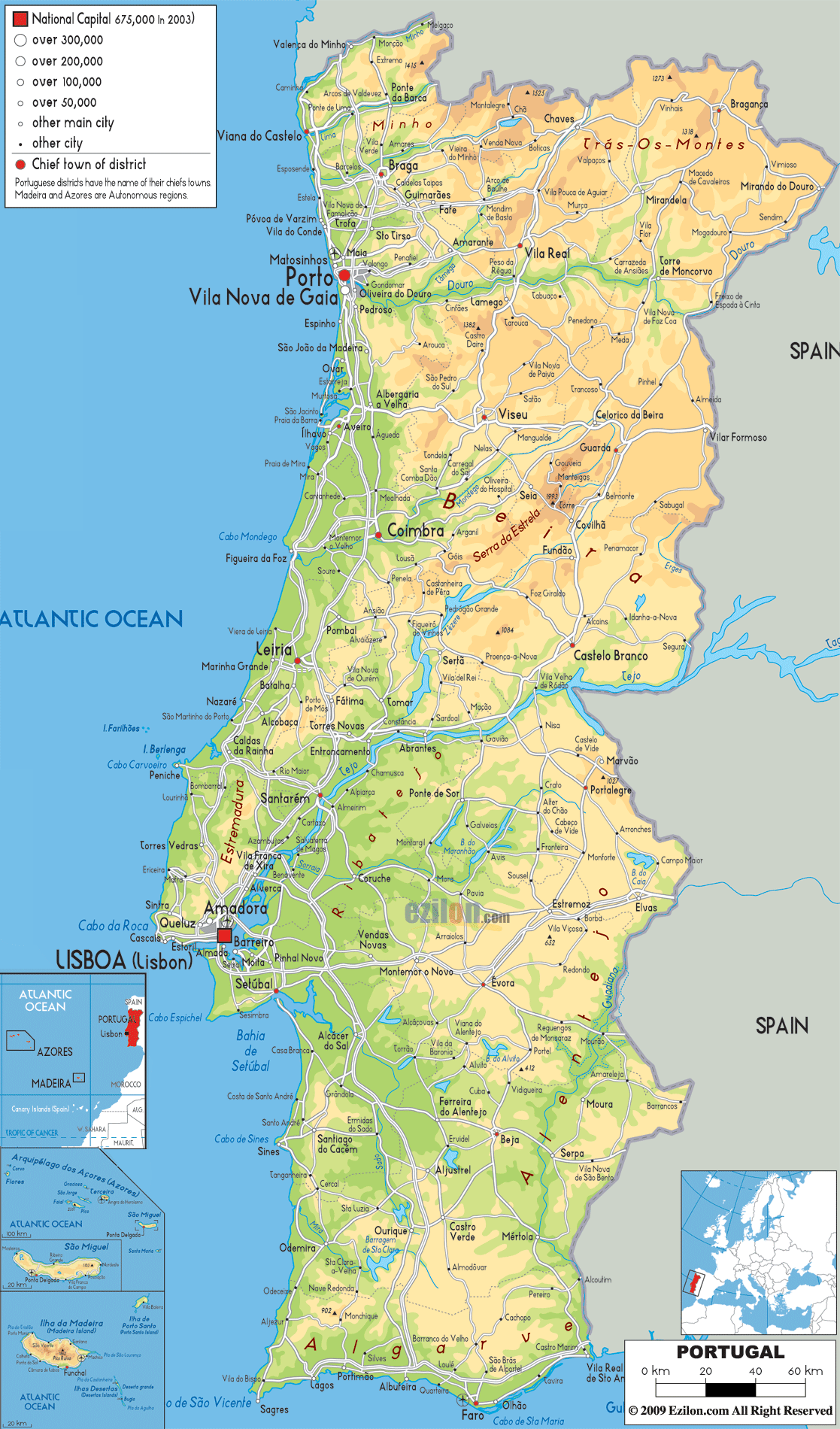 physical map of Portugal