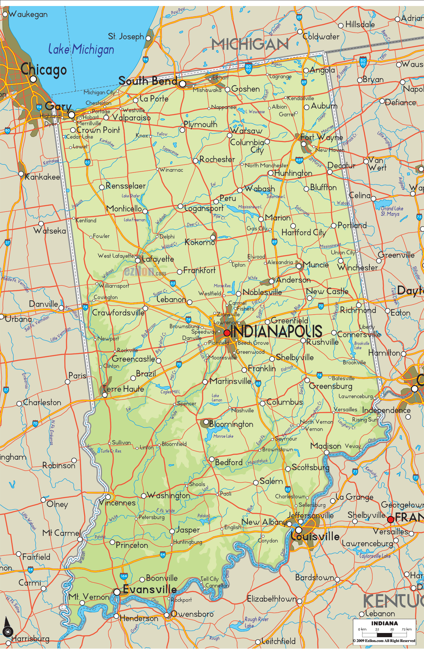 Detailed physical map of Indiana State, USA showing major geographical features such as rivers, lakes, topography, vegetations and land formations.