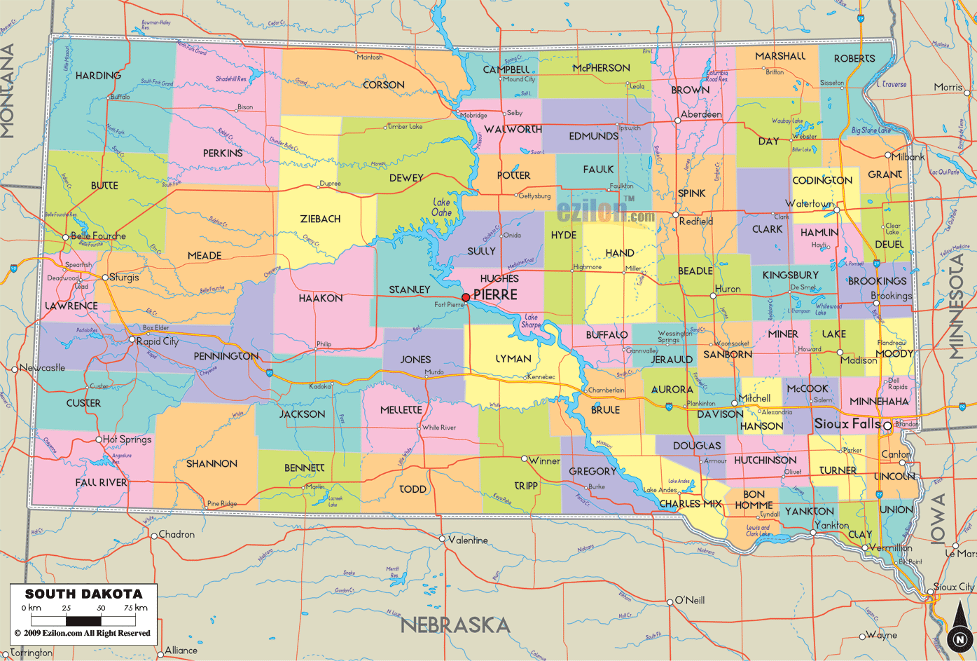 Detailed Political Map of South Dakota - Ezilon Maps