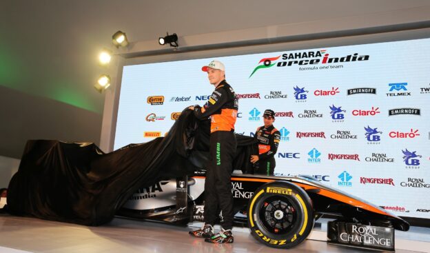 Nico Hulkenberg and Sergio Perez reveal the Force India VJM08 F1 car