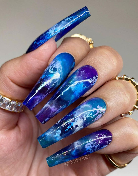 45 Best Fall Nail Ideas 2021 : Blue marble coffin nails