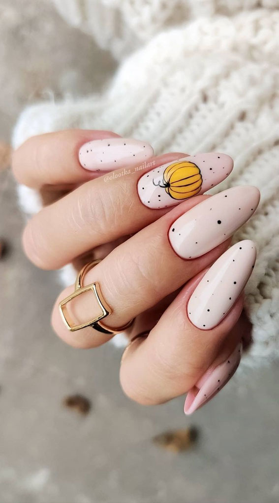 44 Cute Halloween Nails & Thanksgiving Nails : Neutral Autumn Nails with Pumpkin