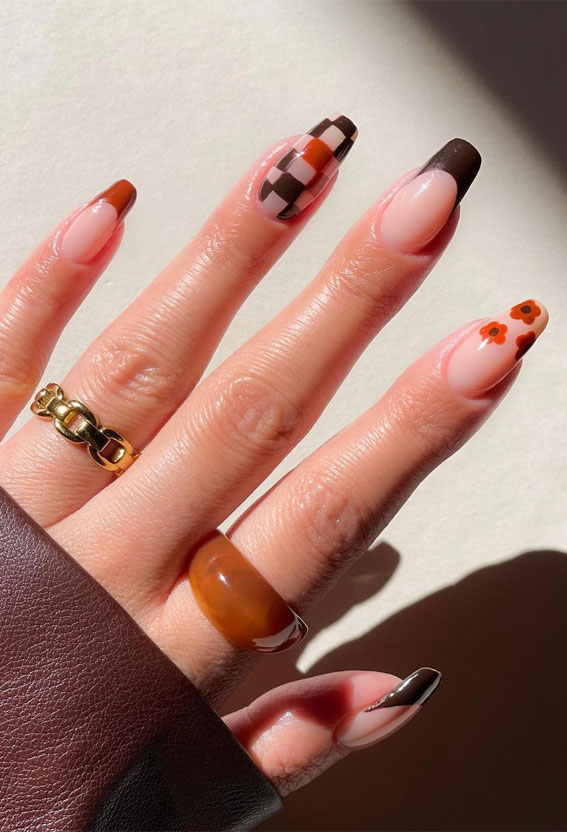 35 Trendy Checkered Nail Art Designs : Brown Tone Flower & Checkered Nails