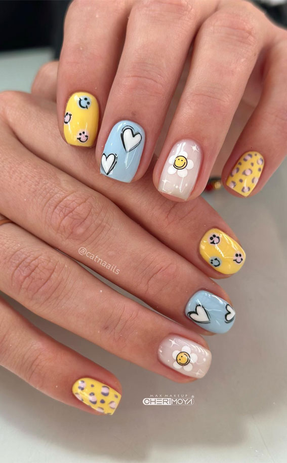 42 Cute Spring Nail Art Inspirations : Smiley Faces, Daisies & Love Heart Nails