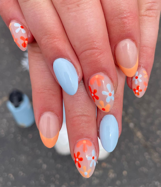 40vSpring Nail Ideas To Brighten Your Look : Baby Blue & Orange Daisies