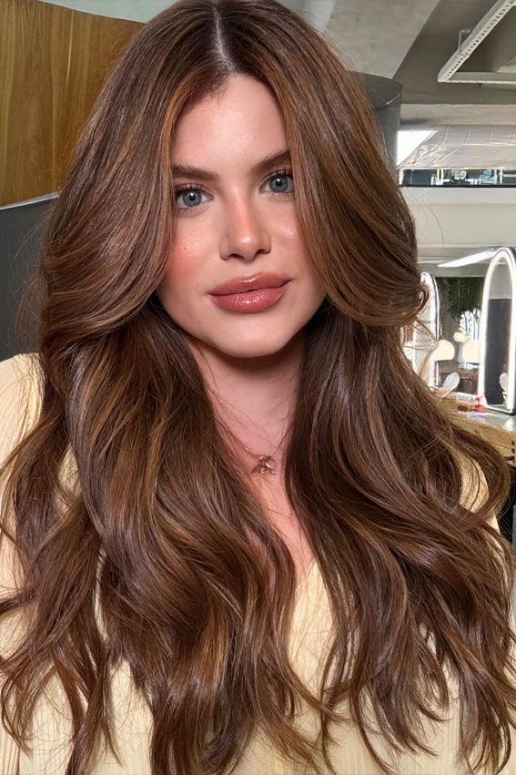 45 Winter Hair Colour Inspiration You Can’t Miss : Chocolate-Chestnut Long Layers