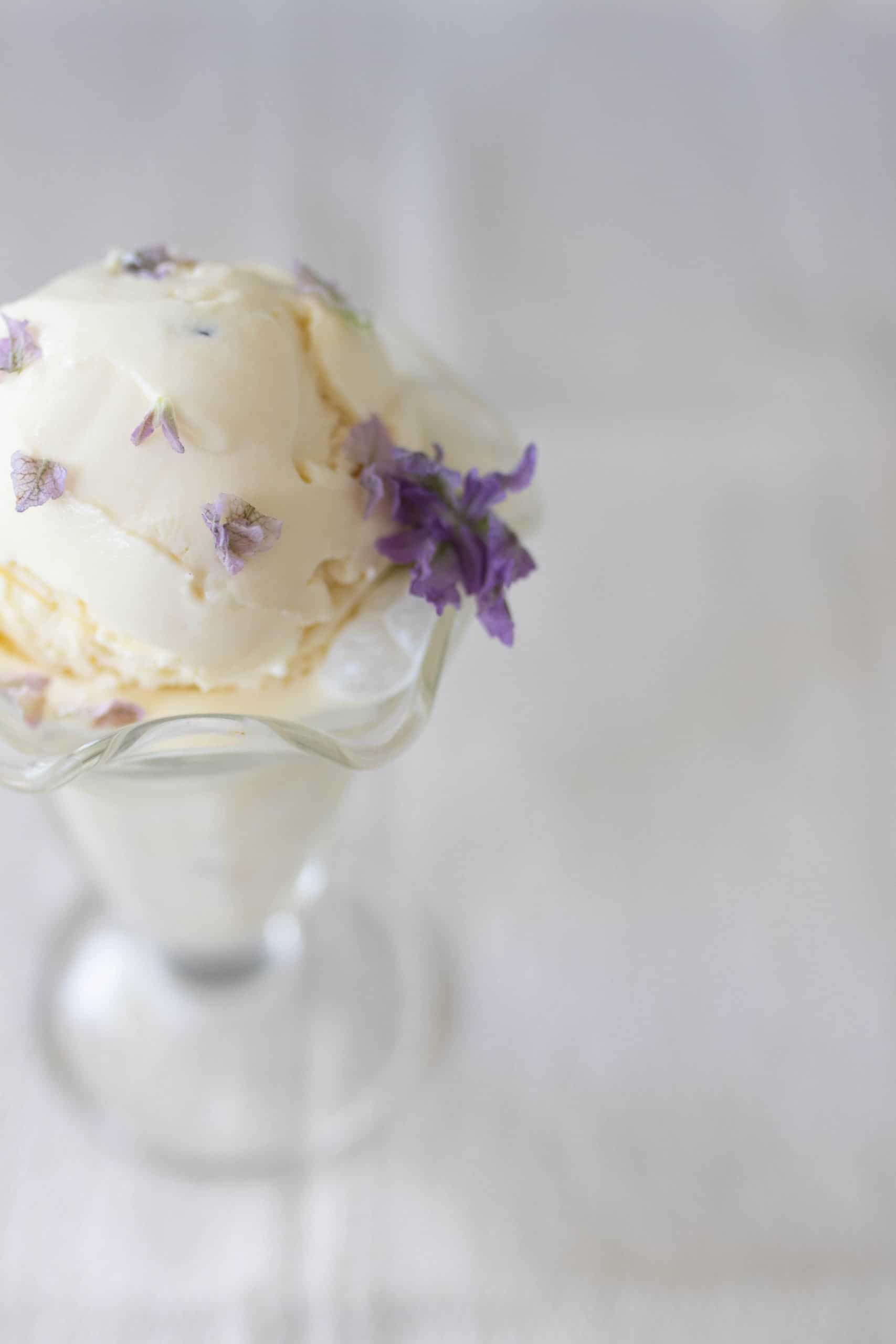 overhead photo of lavender ice cream in a glass Sunday cup.