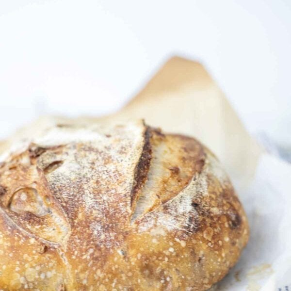 loaf of sourdough fruit and nut bread on parchment paper.