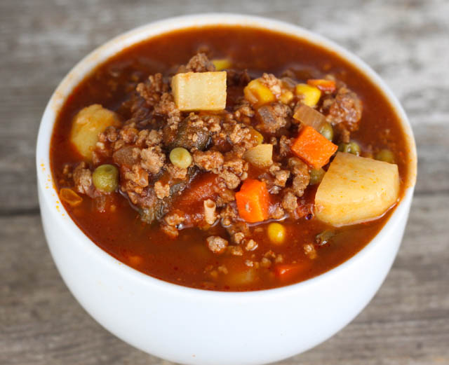 Hamburger Soup is a quick and easy meal idea packed with vegetables, ground beef, beef broth and tomato juice. Hamburger Soup uses ingredients you probably already have at home and it freezes well!