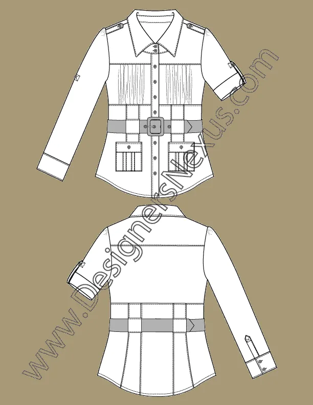 006 Fashion Flat Sketch of a women's, rolled up sleeves, belted shirt with safari style bottom pockets.