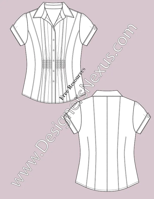 064 fashion flat sketch of a women's, open collar, short sleeves shirt with front smocking