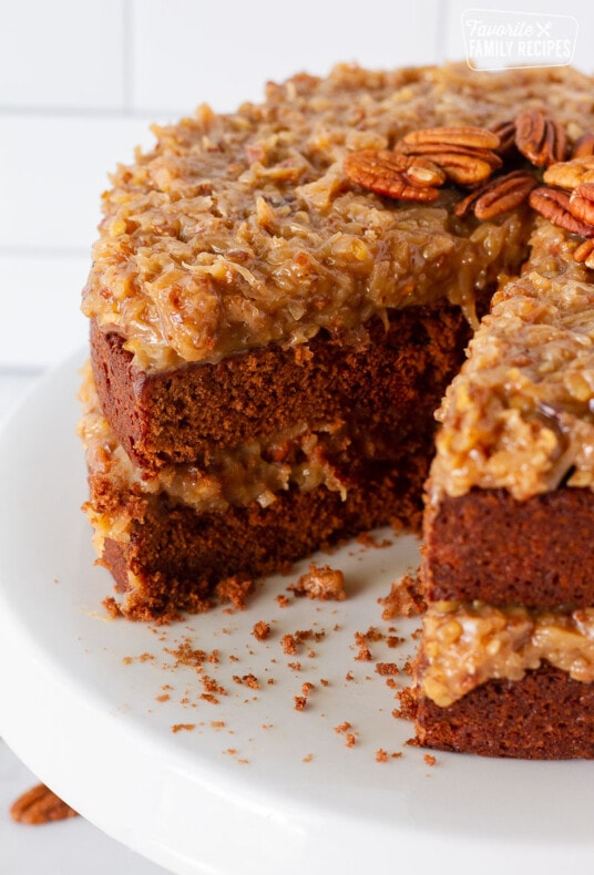 German Chocolate Cake missing a slice.