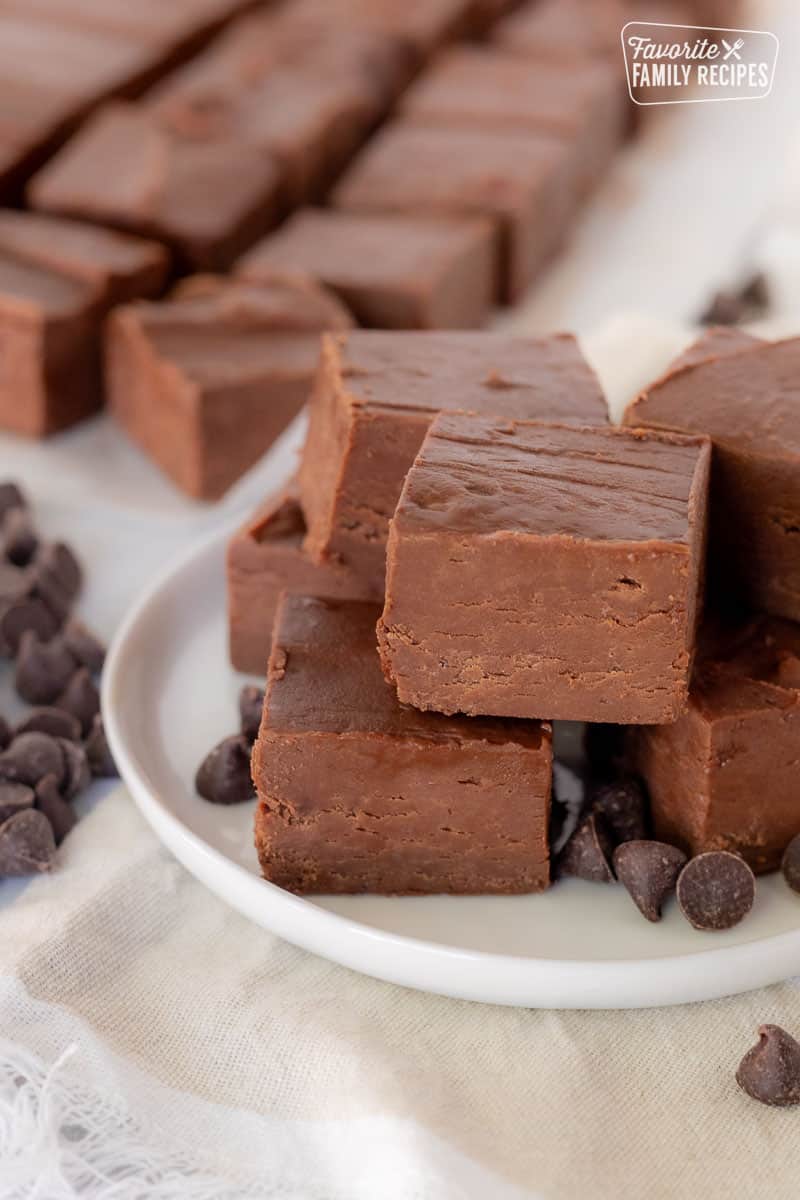 Plate of cut pieces of See's Fudge.