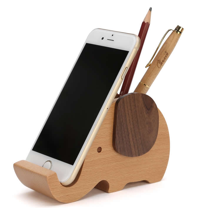 Wooden Elephant Pencil Holder Desk Organizer Phone Stand Holder