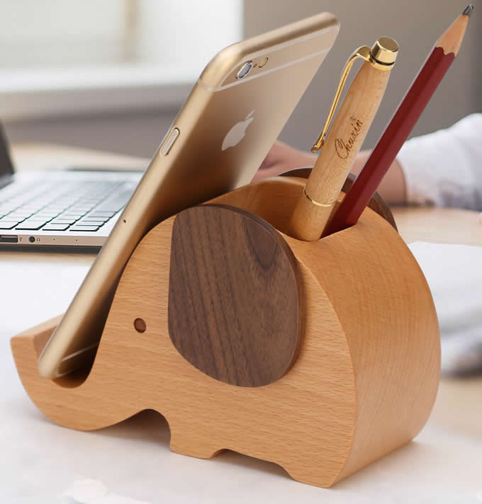 Wooden Elephant Pencil Holder Desk Organizer Phone Stand Holder