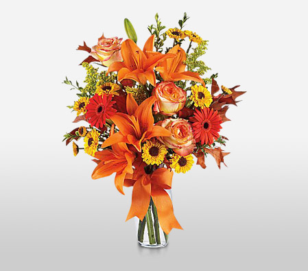 Autumn Burst-Green,Orange,Yellow,Chrysanthemum,Gerbera,Lily,Bouquet