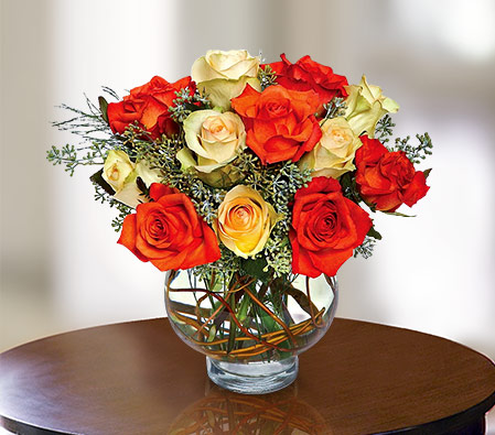 Moon Roses-Mixed,Orange,Red,Yellow,Rose,Arrangement