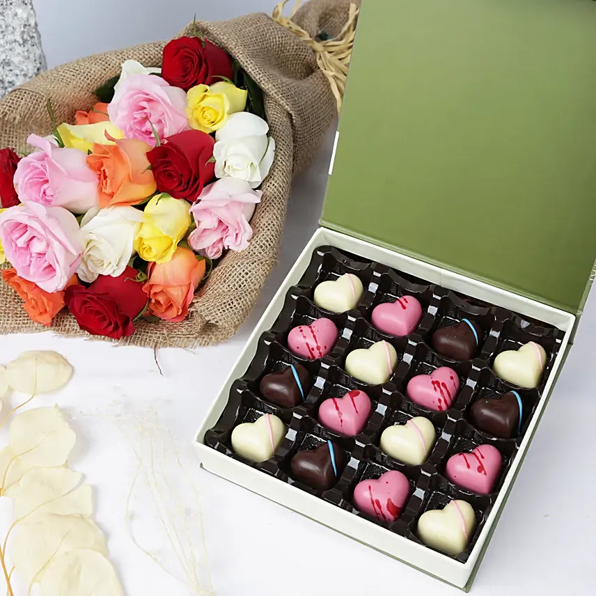 Chocolate Hearts Box With Mix Roses Bouquet