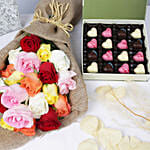 Chocolate Hearts Box With Mix Roses Bouquet