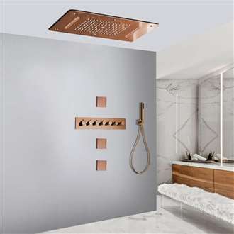 Vittoria Rose Gold Sophisticated Thermostatic Recessed LED Waterfall Rainfall Shower System with Hand Shower and Jetted Body Sprays