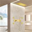 Bergamo Brushed Gold Recessed Ceiling Mount LED Thermostatic Waterfall Rainfall Shower System with Body Jets and Hand Shower