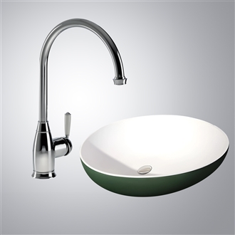 Fontana Villeparisis Green White Spoon 2 Bathroom Vessel Sink and Touchless Faucet