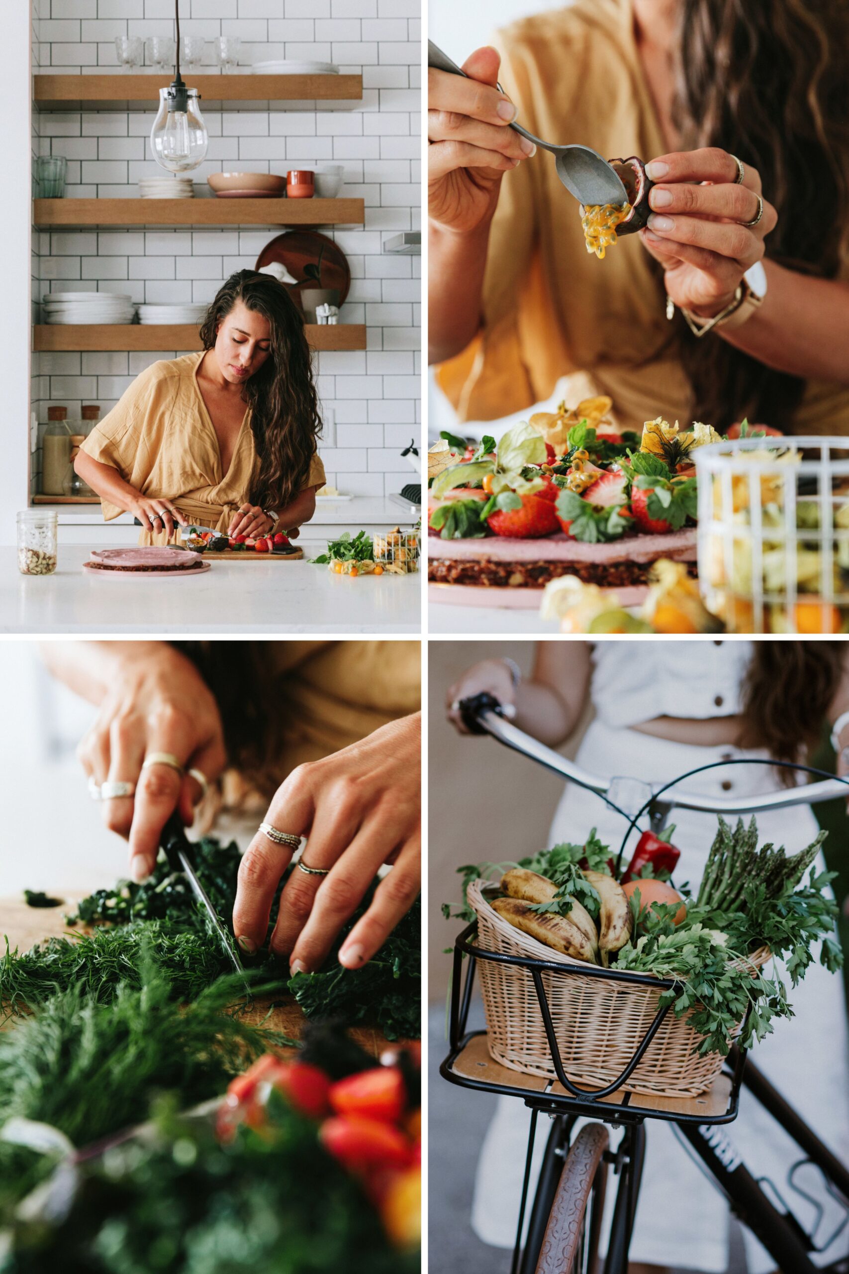 Collage of a woman preparing food. She chops vegetables in a kitchen, garnishes a dish, and arranges herbs. A bike with a basket of fresh produce is also shown, indicating a focus on fresh, healthy ingredients and cooking.