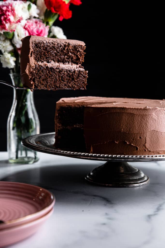 Healthy Chocolate Cake on a cake stand