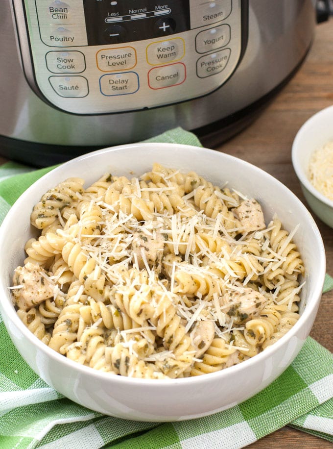 A bowl of chicken and pasta