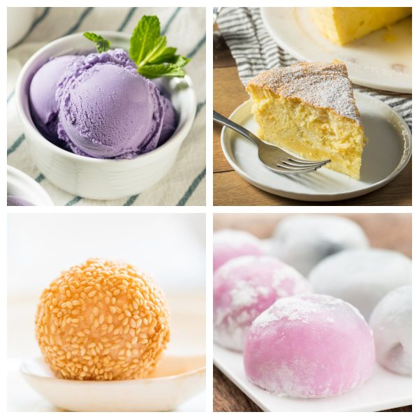 Purple ice cream, slice of cheesecake, sesame ball, and mochi.