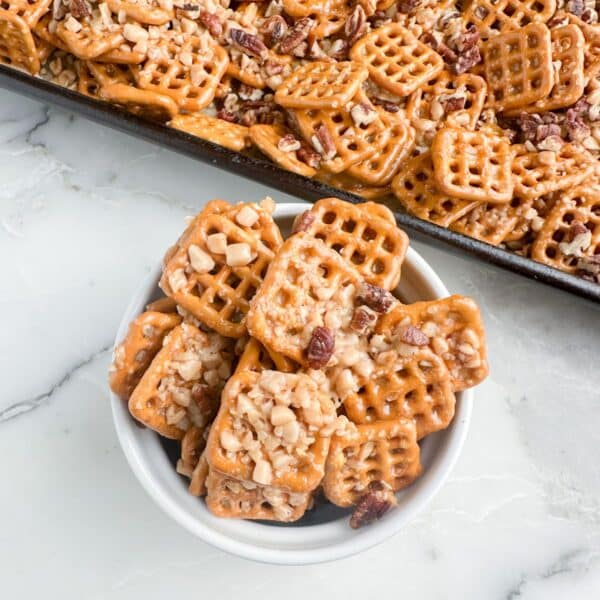 Bowl of pretzels with toffee bits.