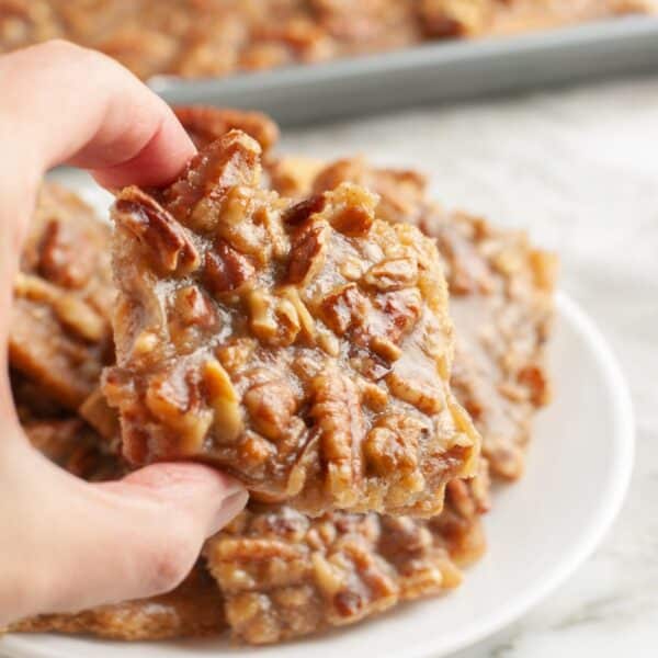 Hand holding a piece of pecan pie bark.